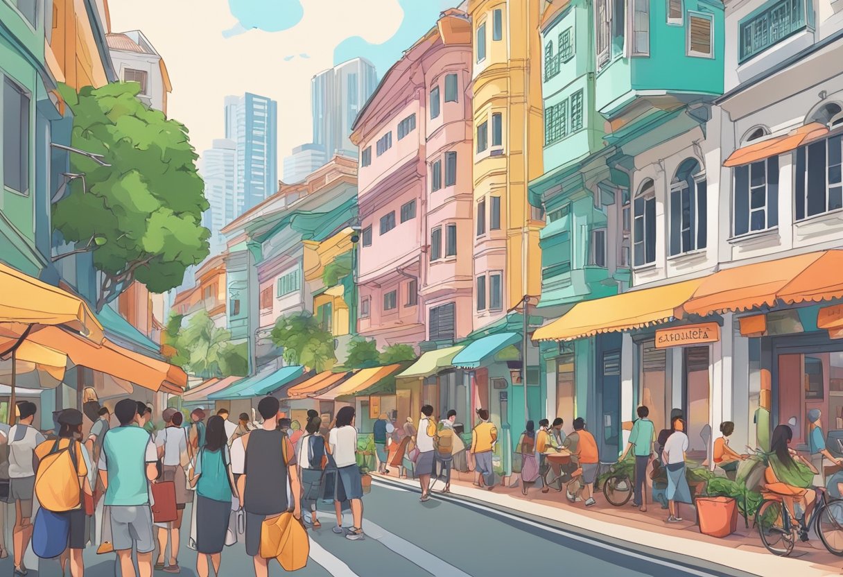 A bustling street in Singapore, with colorful buildings and a mix of locals and tourists, all looking for their next Airbnb stay