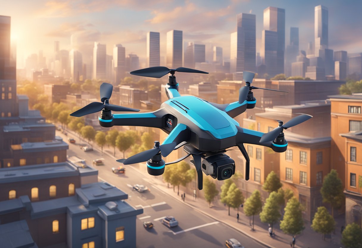 A next-gen drone navigates through a complex urban environment, avoiding obstacles and delivering packages with precision. Advanced sensors and AI technology enable it to adapt to various challenges and limitations