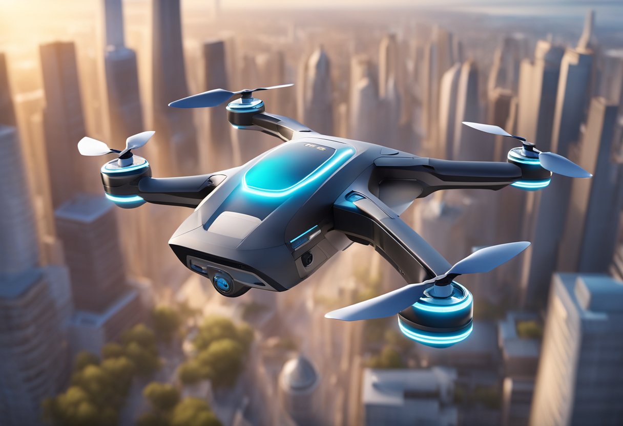 A sleek, advanced drone hovers above a bustling city, equipped with cutting-edge technology and sensors. It captures data and delivers packages, showcasing the future of drone technology