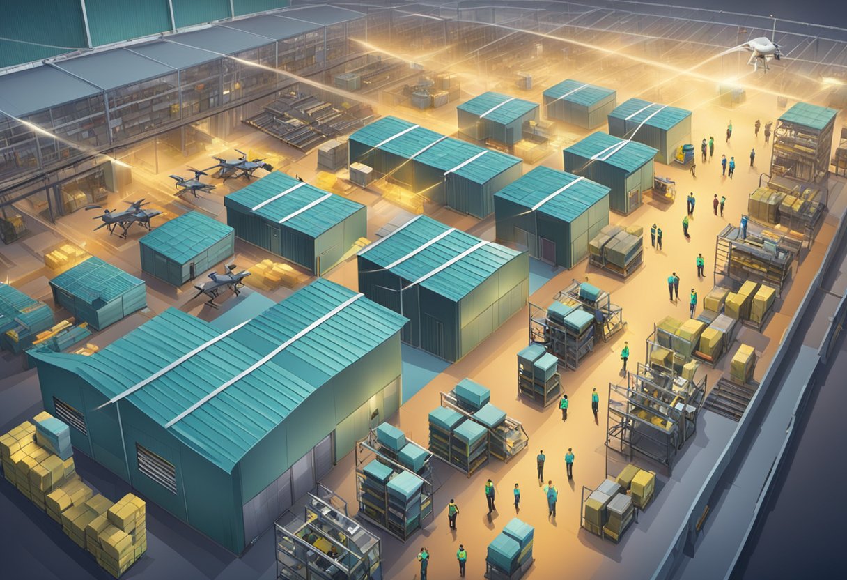 A bustling warehouse with drones buzzing overhead, workers operating advanced technology, and a futuristic atmosphere