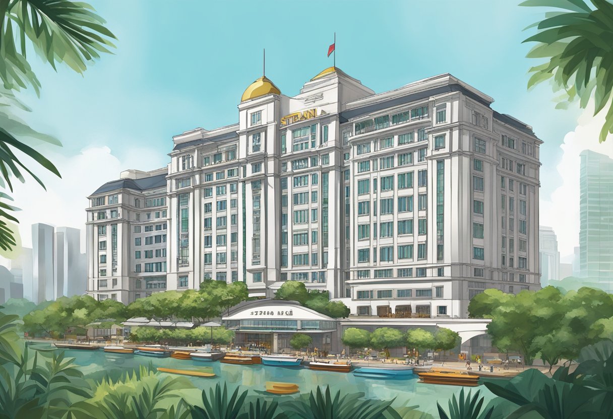 The Strand Hotel in Singapore stands tall against the city skyline, with its modern architecture and sleek design. The iconic building is surrounded by lush greenery and reflects the vibrant energy of the bustling city