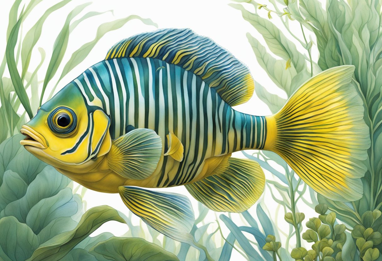 Labyrinth fish swim through aquatic plants, using their labyrinth organ to breathe air. Their unique anatomy includes elongated pectoral fins for navigating tight spaces