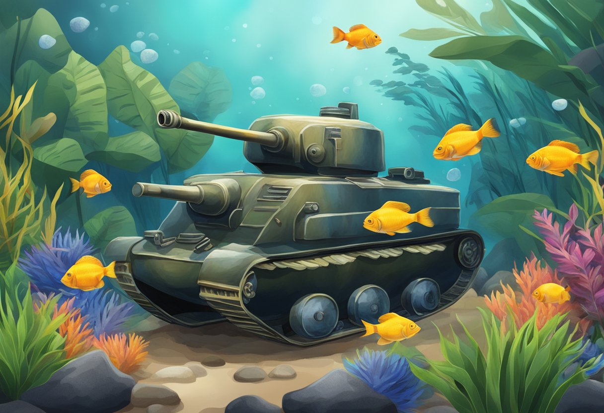 A tank filled with different types of colorful Oscar fish swimming among aquatic plants and rocks