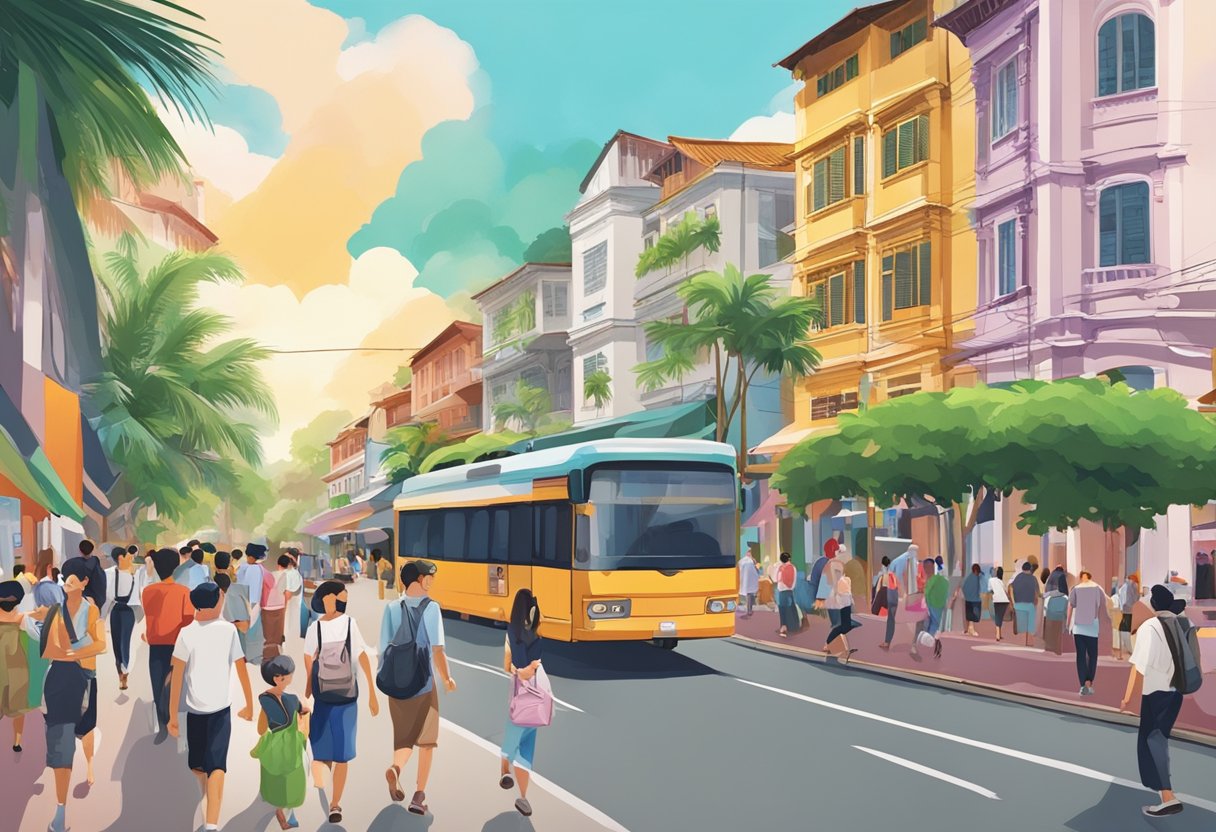 A bustling Singapore street with colorful buildings, palm trees, and people walking