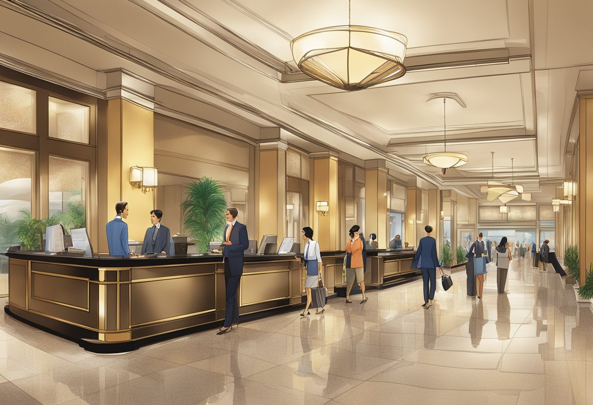 The lobby of the Strand Hotel in Singapore bustles with guests seeking information from the prominently displayed "Frequently Asked Questions" board. The sleek, modern decor and warm lighting create a welcoming atmosphere