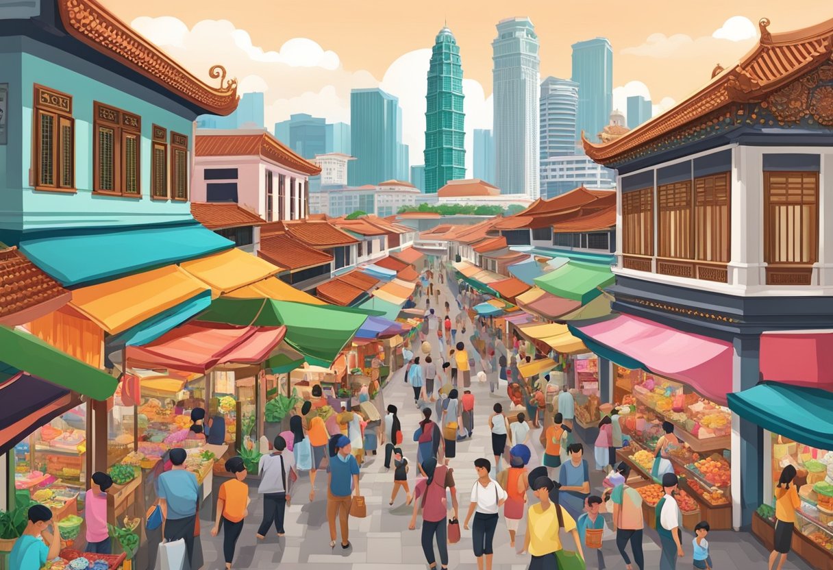 Vibrant street market with colorful shophouses, bustling with diverse crowds, iconic Merlion statue in the background, and traditional Peranakan architecture