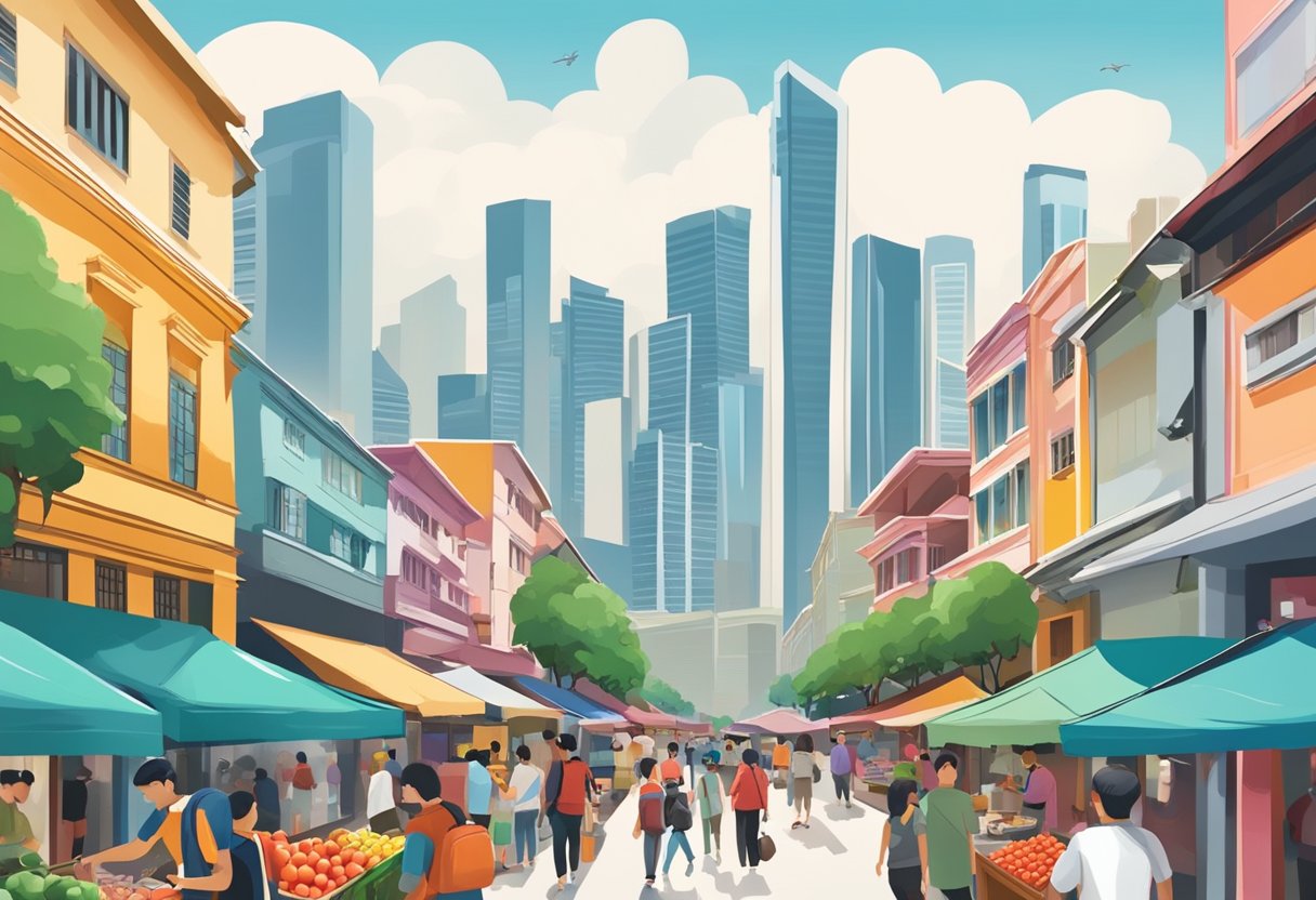 A bustling street in Singapore, with colorful buildings and street vendors selling fresh apples. The iconic skyline of the city can be seen in the background