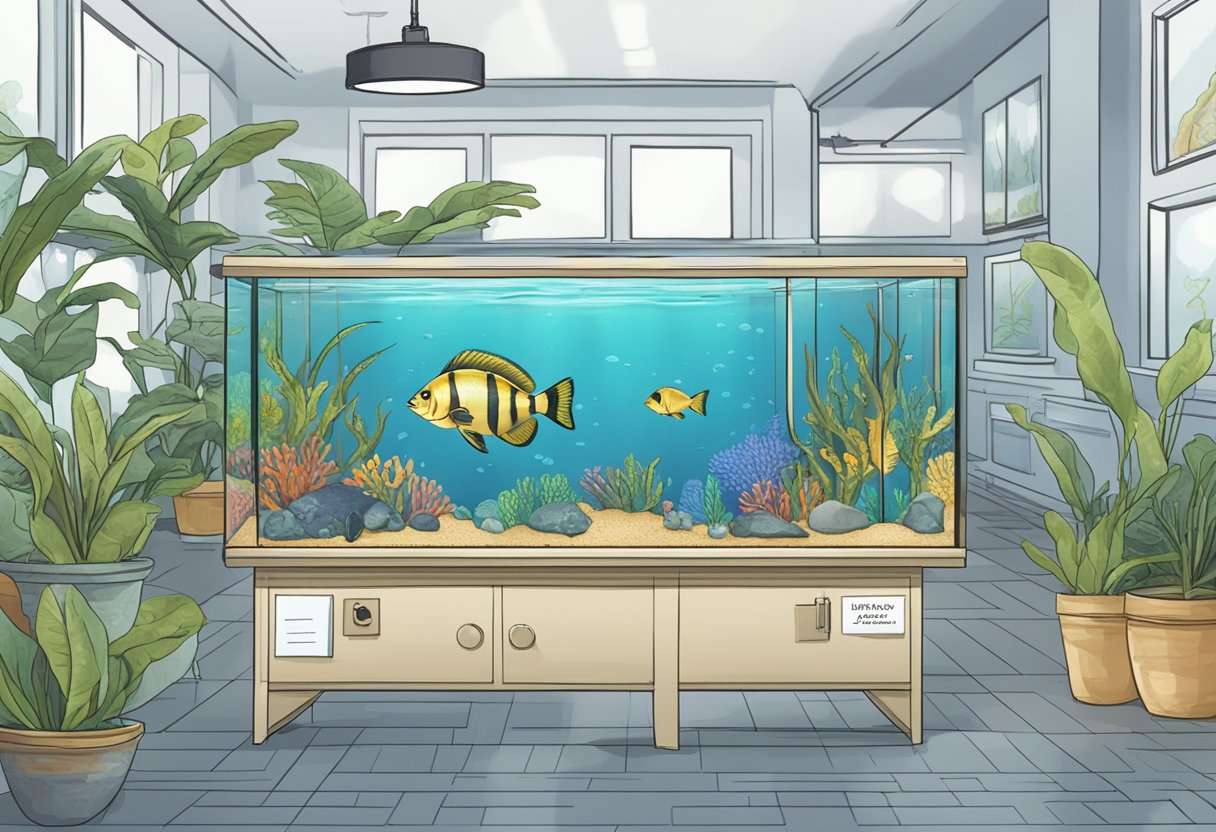 An Oscar fish swimming among various types of fish tanks with a sign reading "Frequently Asked Questions" in the background