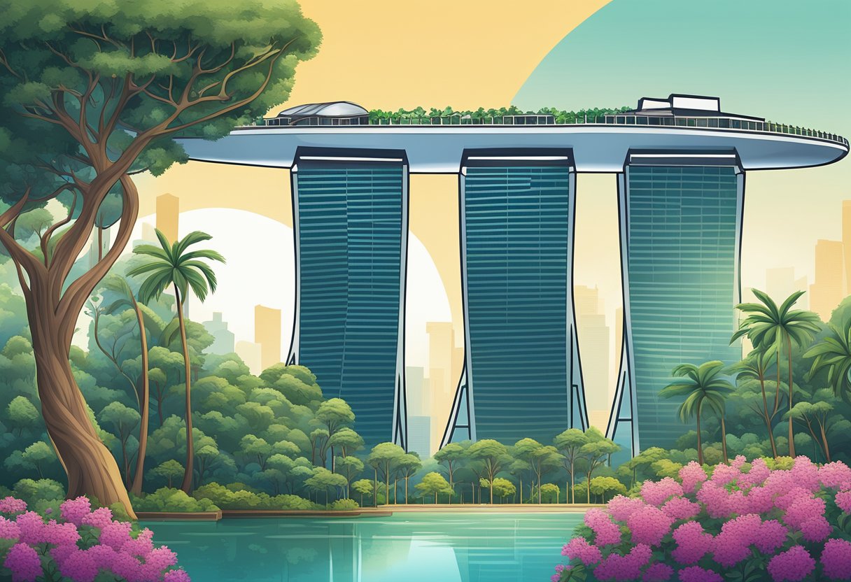 The iconic Marina Bay Sands stands tall against the backdrop of the Singapore skyline, with the majestic Gardens by the Bay and the futuristic Supertree Grove in the foreground