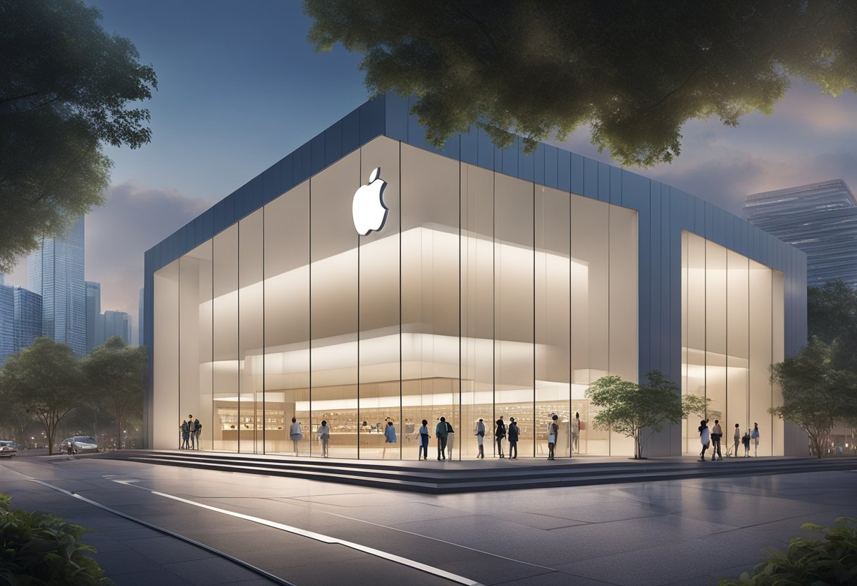 The Apple Singapore storefronts stand tall and sleek, with large glass windows and a modern, minimalist design. The iconic Apple logo shines brightly above the entrance, drawing in passersby with its inviting glow