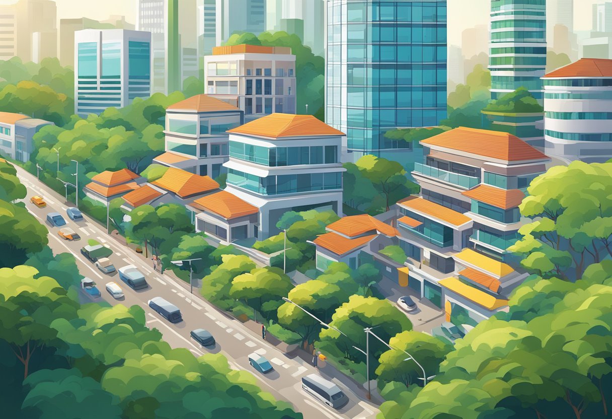 The bustling streets of Curtin Singapore, with modern buildings and vibrant colors, surrounded by lush greenery