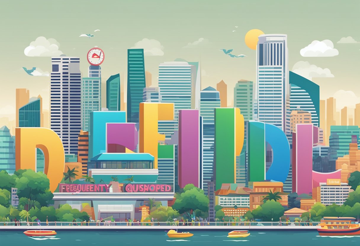 A colorful signboard with "Frequently Asked Questions" in bold letters, set against the backdrop of Singapore's iconic skyline
