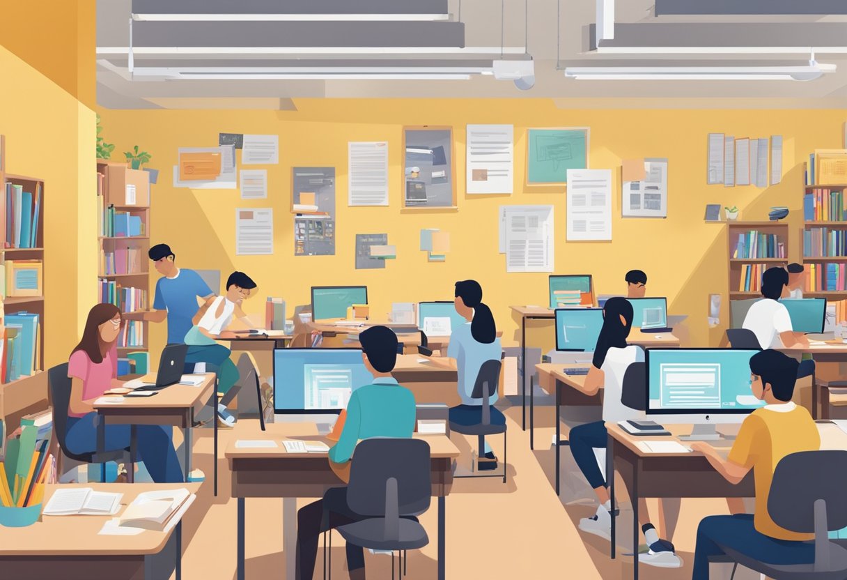 Students engaging in academic activities at Curtin Singapore campus. Books, computers, and study materials are scattered across the desks. The atmosphere is filled with concentration and focus