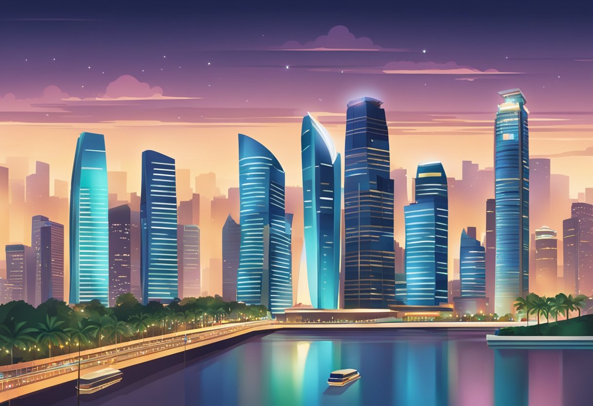 The iconic skyline of Singapore, with its futuristic architecture and dazzling lights, sets the backdrop for a bustling cinema district