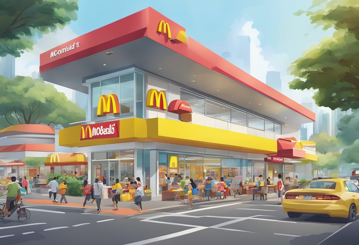 A bustling McDonald's in Singapore with colorful signage and a busy drive-thru