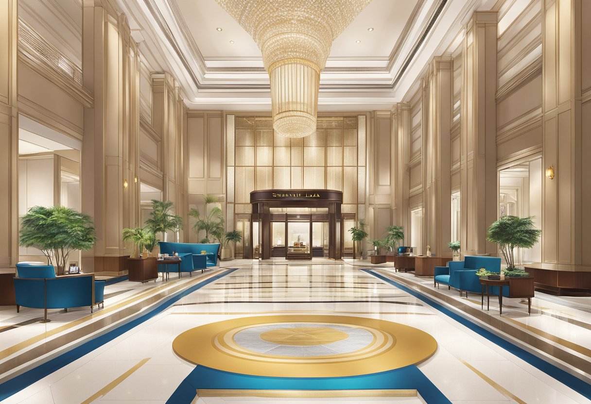 The entrance of Shangri La Hotel Singapore, with a grand lobby, concierge desk, and luxurious amenities