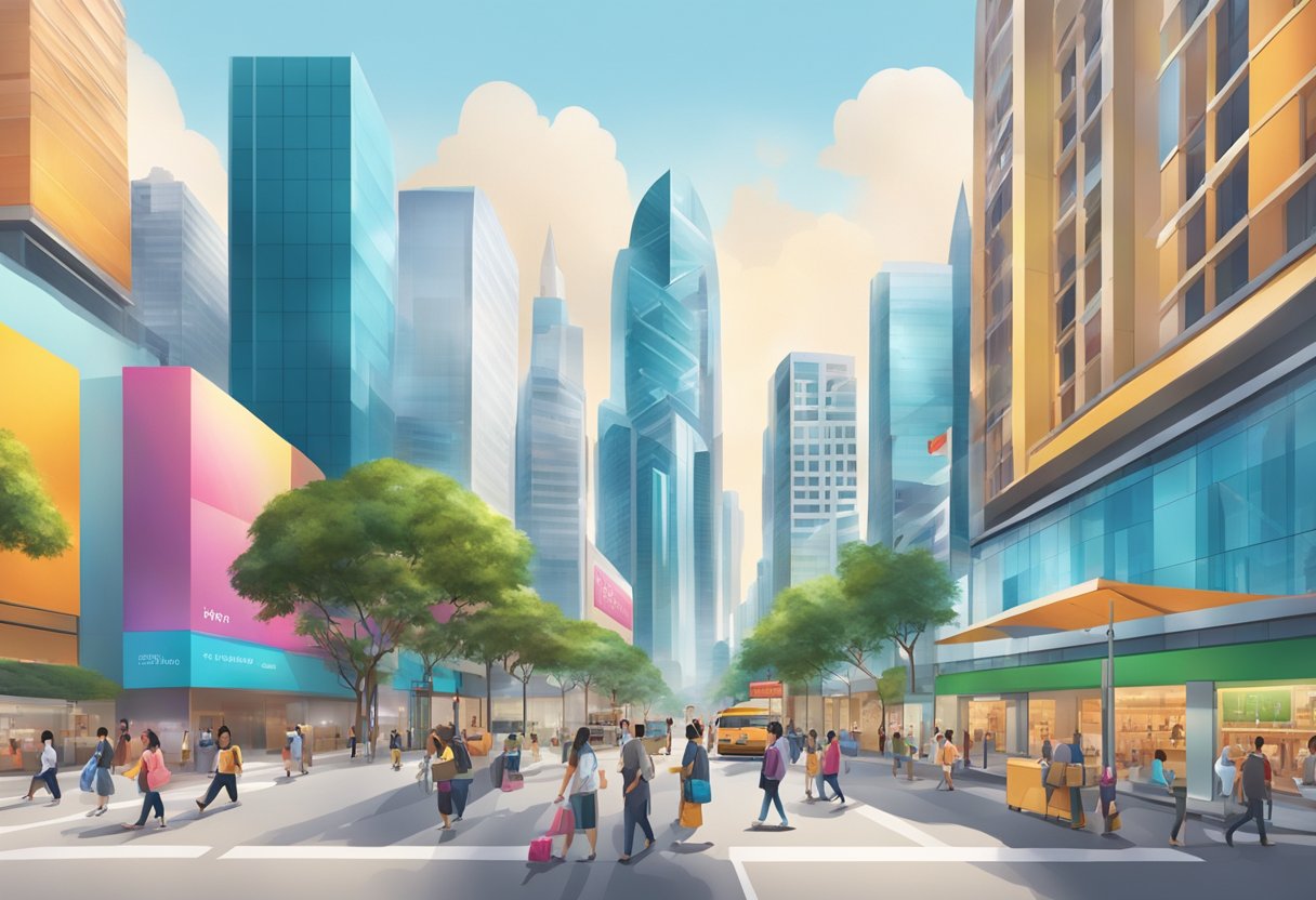 A bustling city street with tall buildings and vibrant signage, showcasing the diverse range of products and services offered by Apple Singapore
