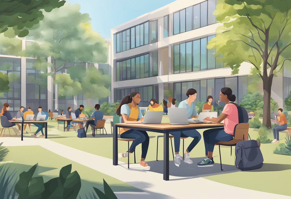 Students gathering in outdoor study areas, chatting and working on laptops. Campus buildings and greenery in the background
