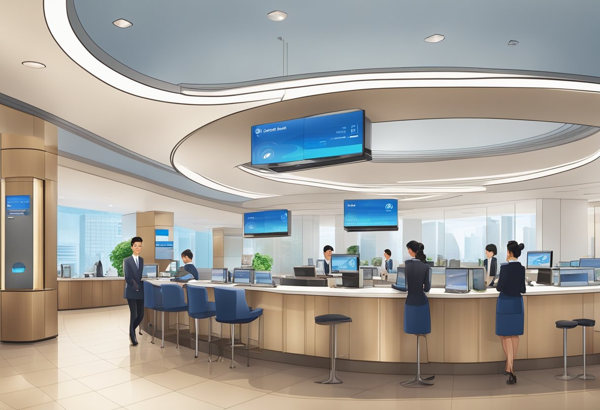 Citibank Singapore: A modern, spacious banking hall with sleek counters and digital screens. Customers are served by friendly staff in professional attire