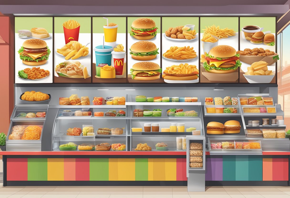 A colorful menu board displays various food items and services offered at McDonald's Singapore