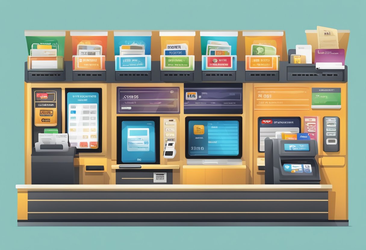 A cinema ticket counter with various payment options displayed, including credit cards, cash, and mobile payment methods