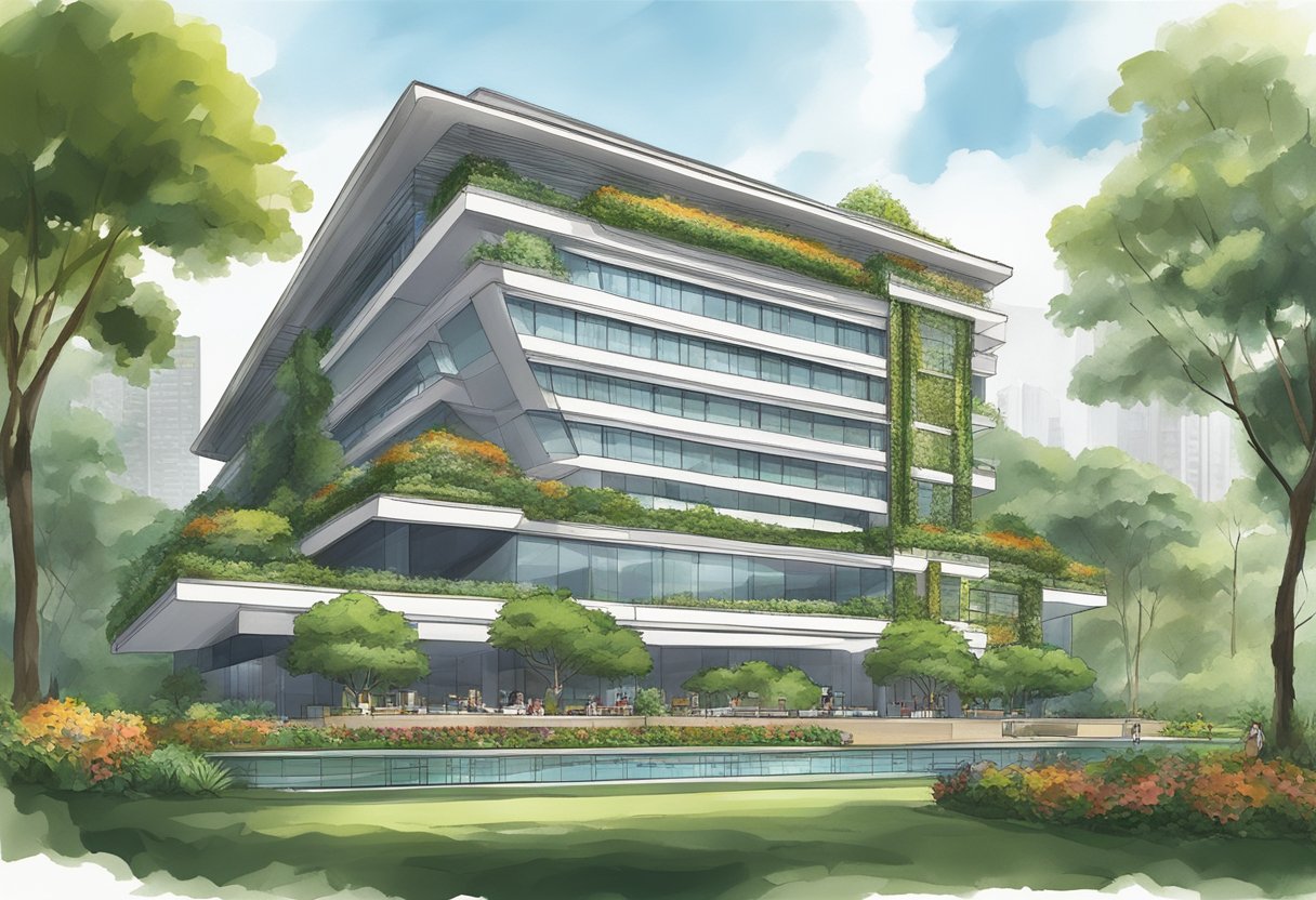 The Shangri La Hotel in Singapore is located at 22 Orange Grove Road. The building is surrounded by lush greenery and features a modern, luxurious facade with the hotel's name prominently displayed