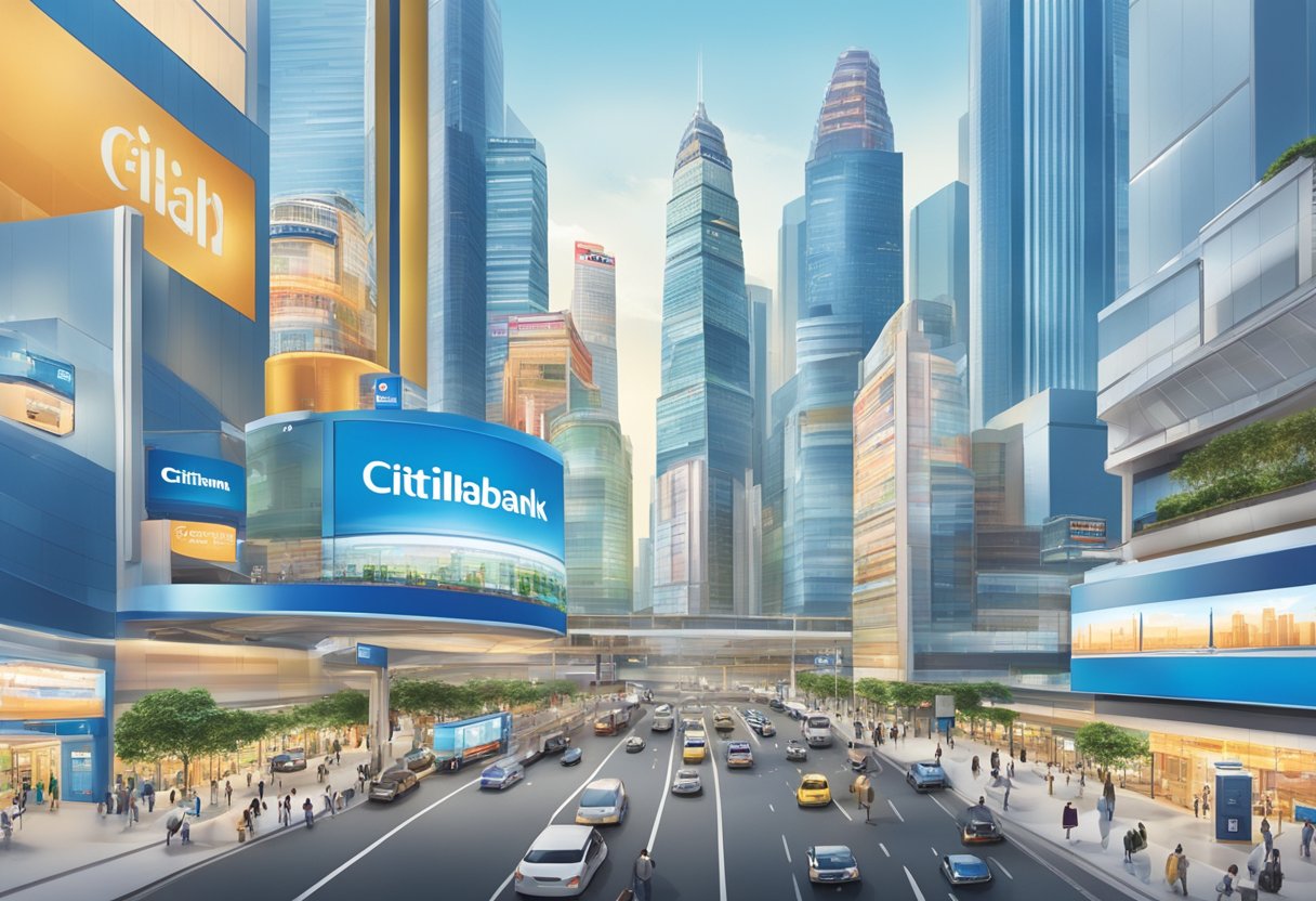 A bustling cityscape with iconic landmarks, showcasing Citibank Singapore's financial products and offers through billboards and digital displays