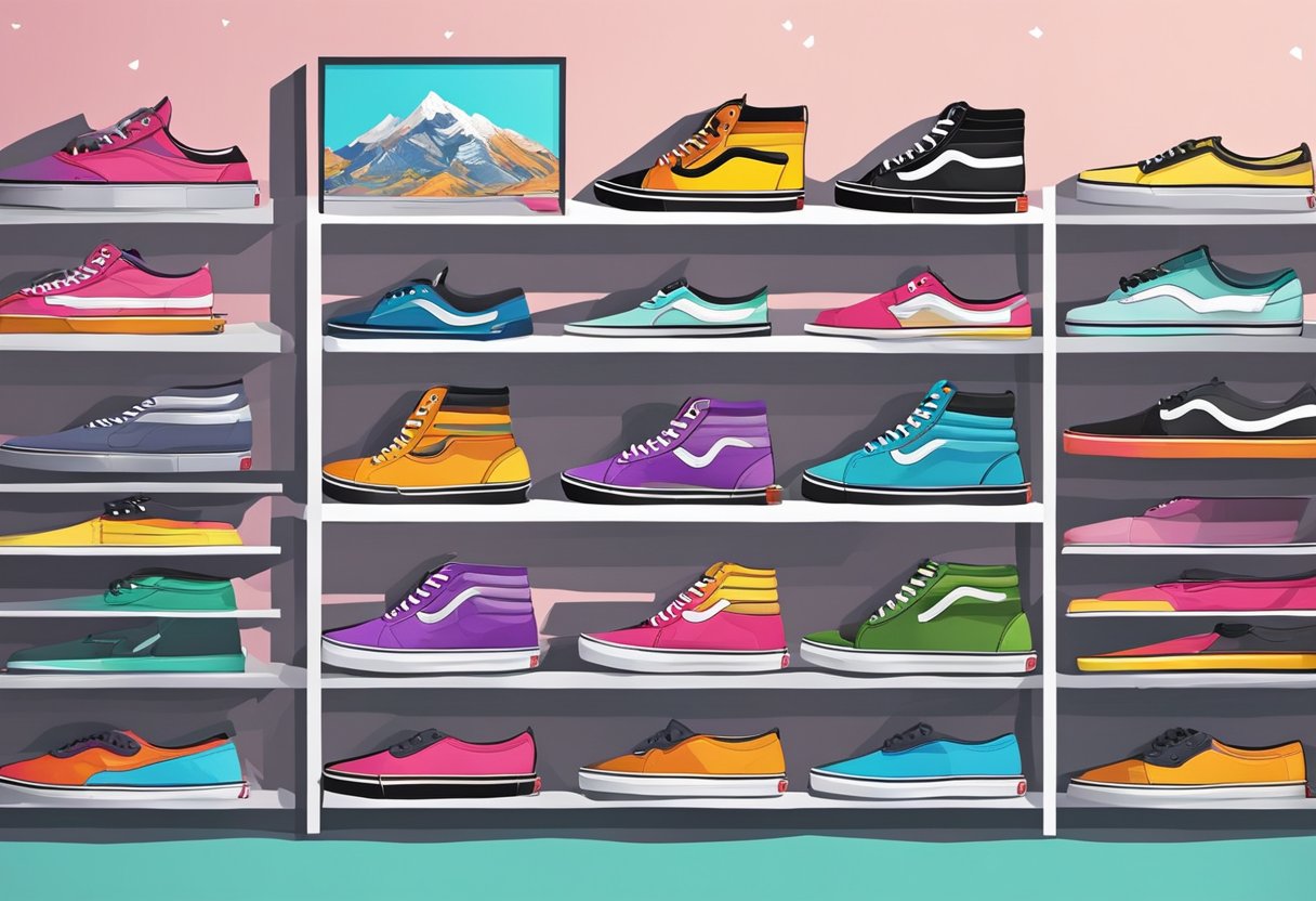 A colorful array of Vans shoes displayed on sleek shelves, with vibrant posters and trendy decor adorning the walls of the store