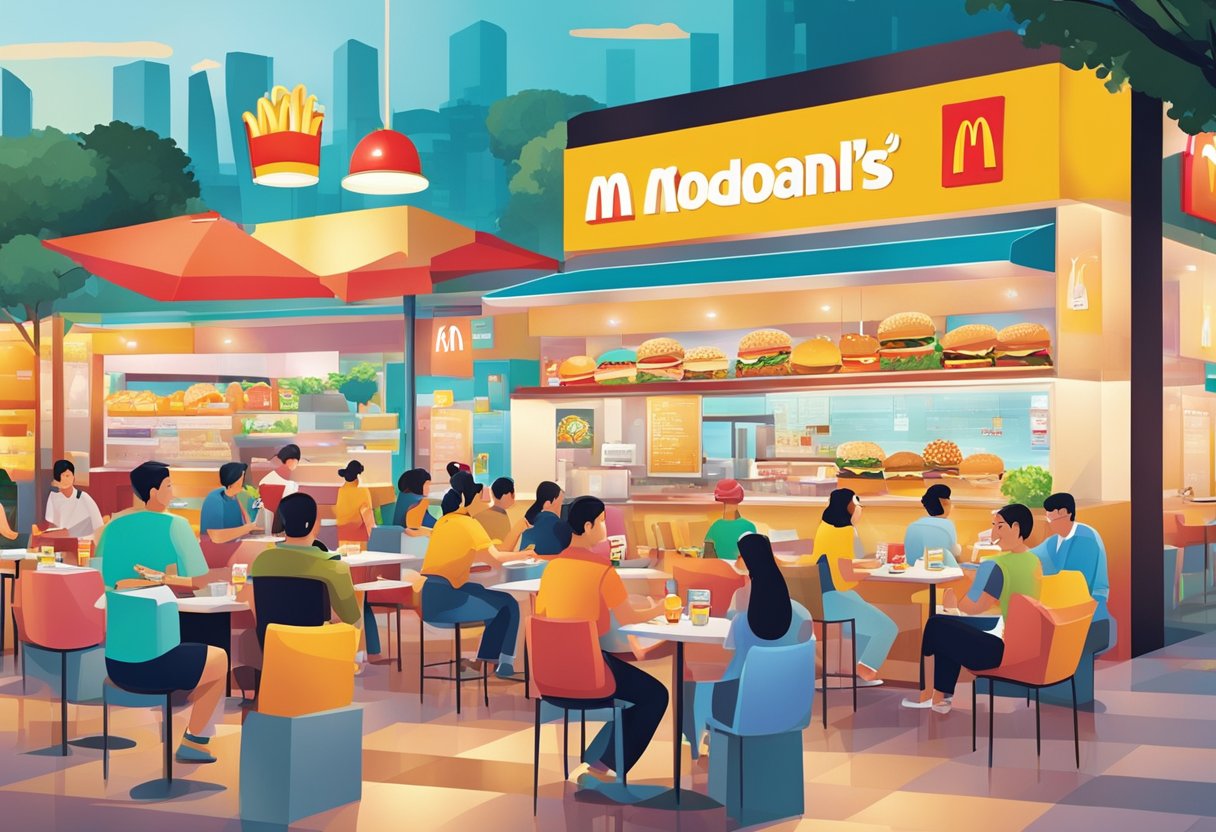Customers enjoying McDonald's menu at a vibrant and bustling Singapore location. Vibrant colors and a variety of menu items on display