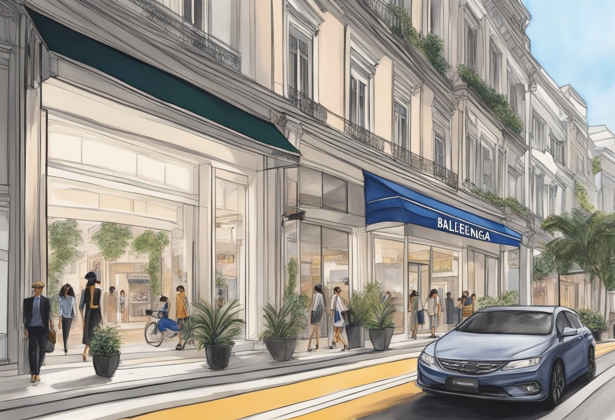 The bustling streets of Singapore showcase the iconic Balenciaga storefront, with sleek, modern architecture and vibrant displays drawing in fashion-forward shoppers