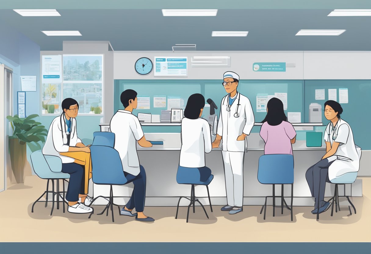Patients and visitors gather around the information desk at Singapore General Hospital, seeking answers to their frequently asked questions