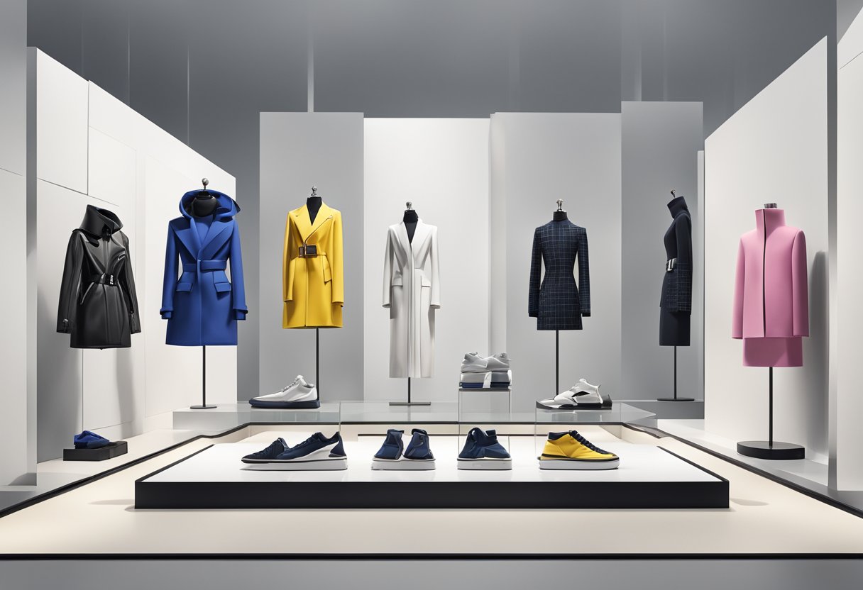 A display of Balenciaga's iconic designs, set against a backdrop of modern and sleek architecture, with the brand's logo prominently featured