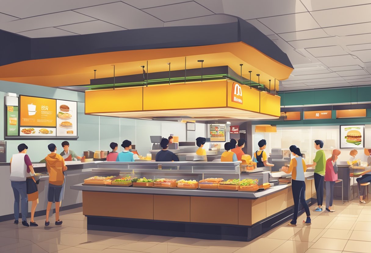 A bustling McDonald's restaurant in Singapore, with customers ordering at the counter and staff serving food. Vibrant signage and a clean, modern interior