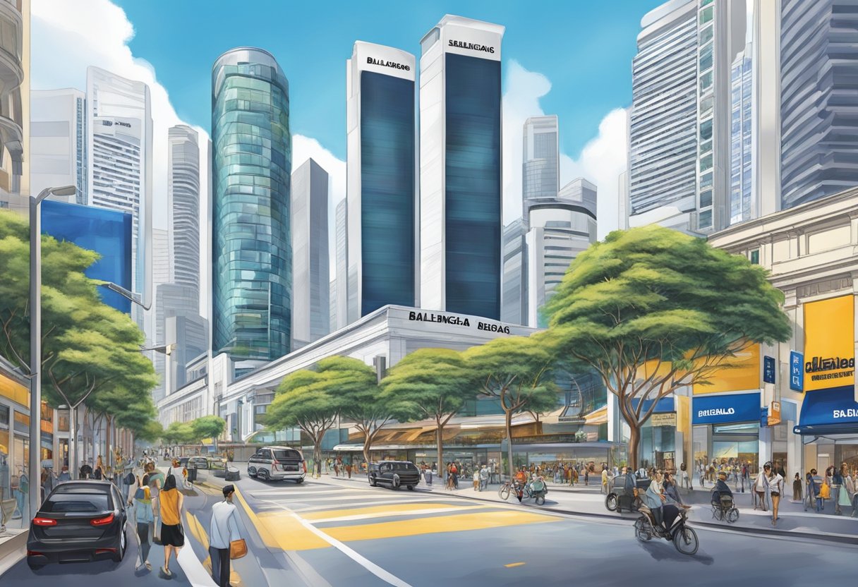 A bustling cityscape with the iconic Balenciaga store standing prominently in the heart of Singapore, surrounded by modern architecture and vibrant street life