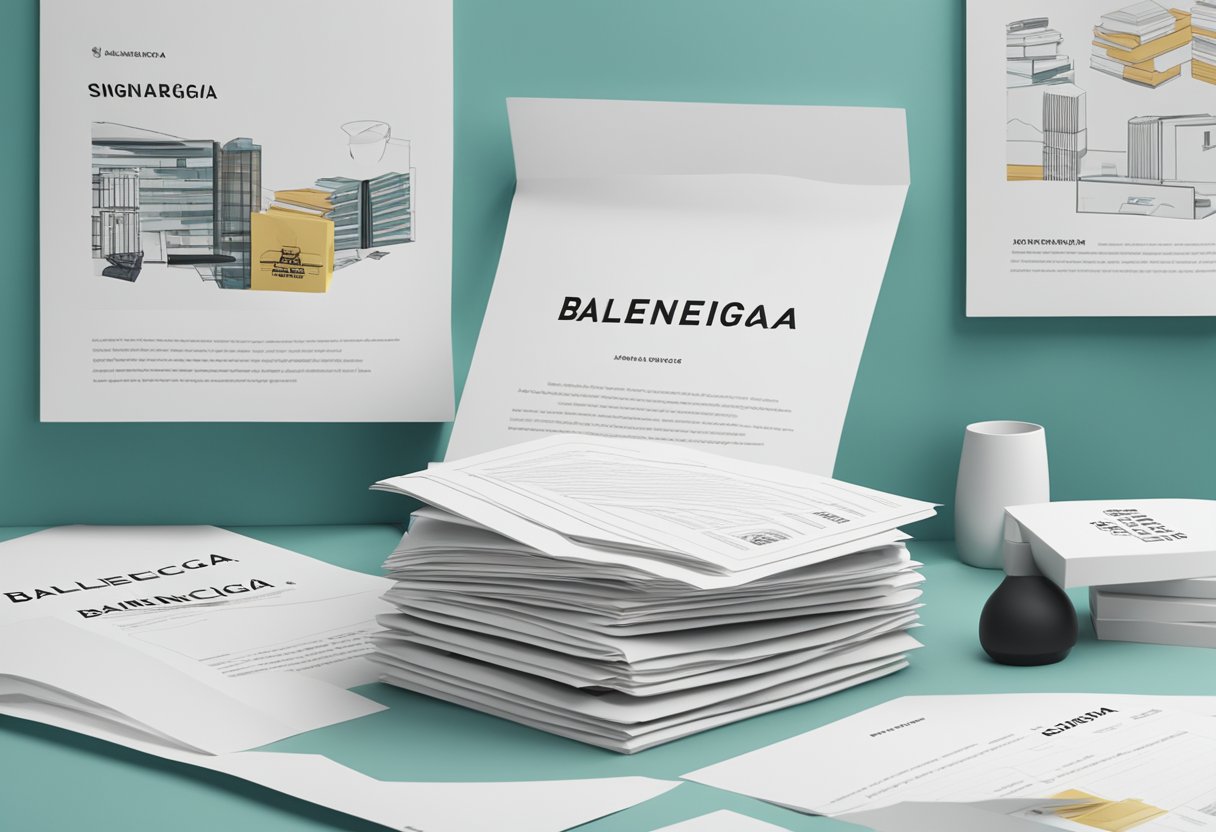 A stack of FAQ sheets with "Balenciaga Singapore" header, surrounded by modern and stylish decor