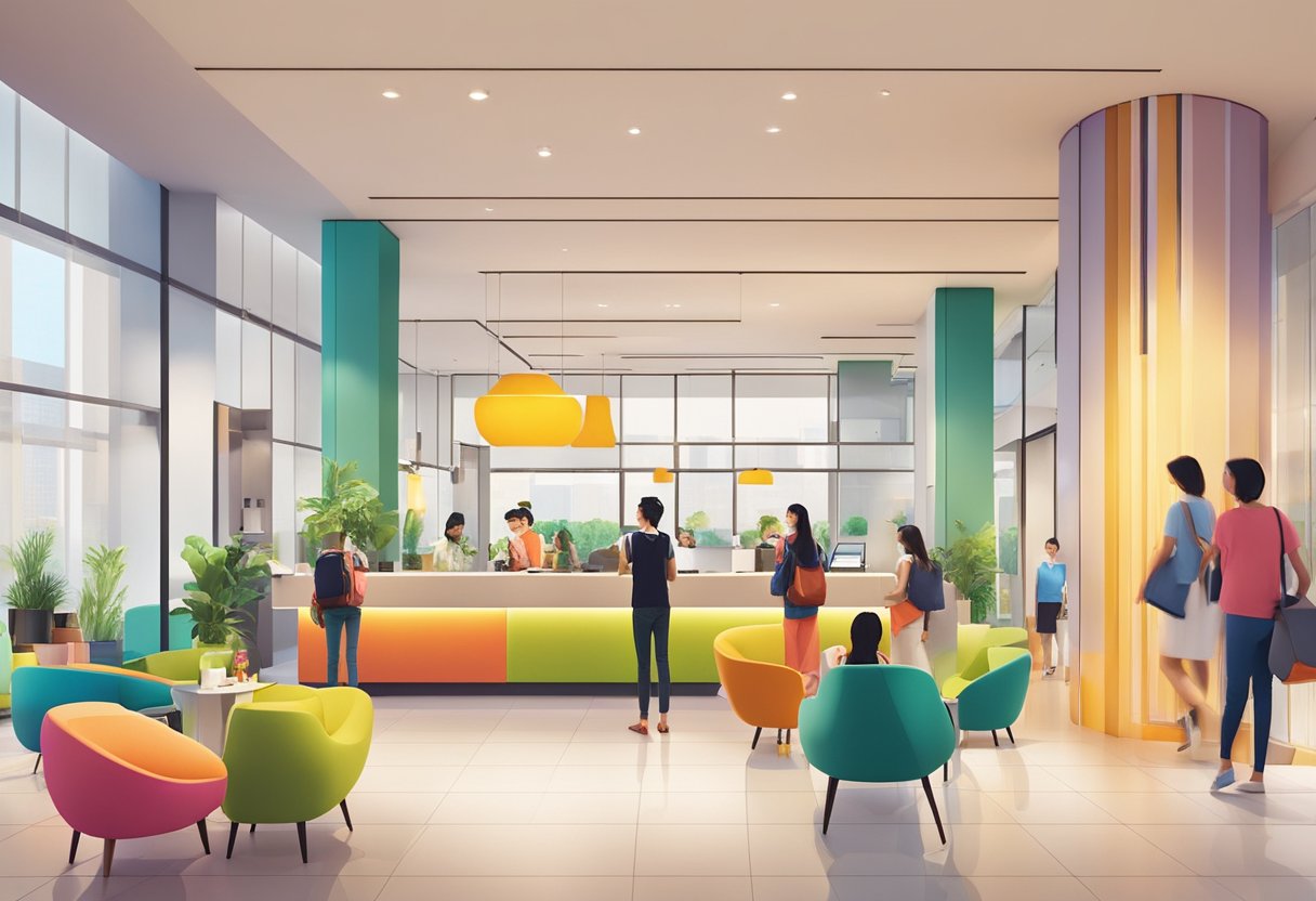 The vibrant lobby of Ibis Styles Singapore on Macpherson bustles with guests checking in, while the modern decor and colorful accents create a welcoming atmosphere