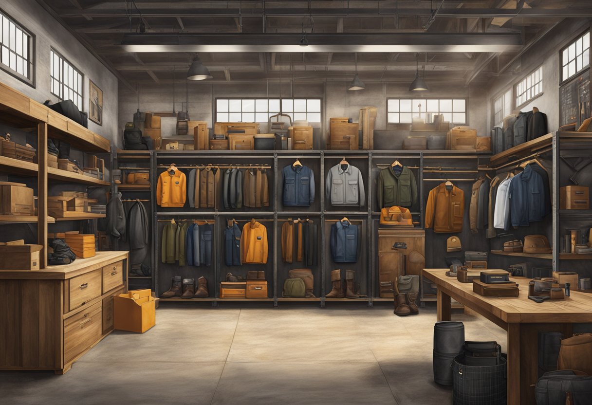 A rugged Carhartt store with iconic workwear displayed, surrounded by industrial elements and a sense of heritage