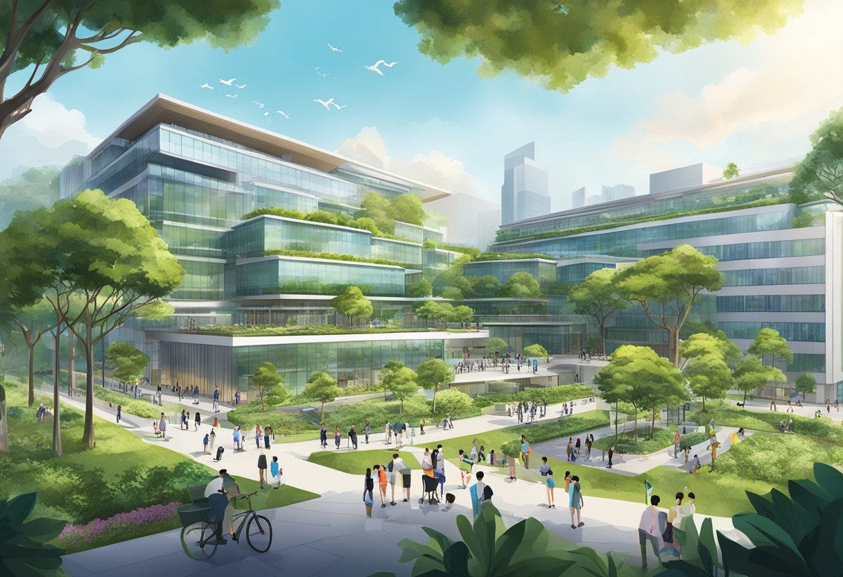 Singapore Polytechnic's modern campus with sleek buildings and lush greenery, bustling with students and staff
