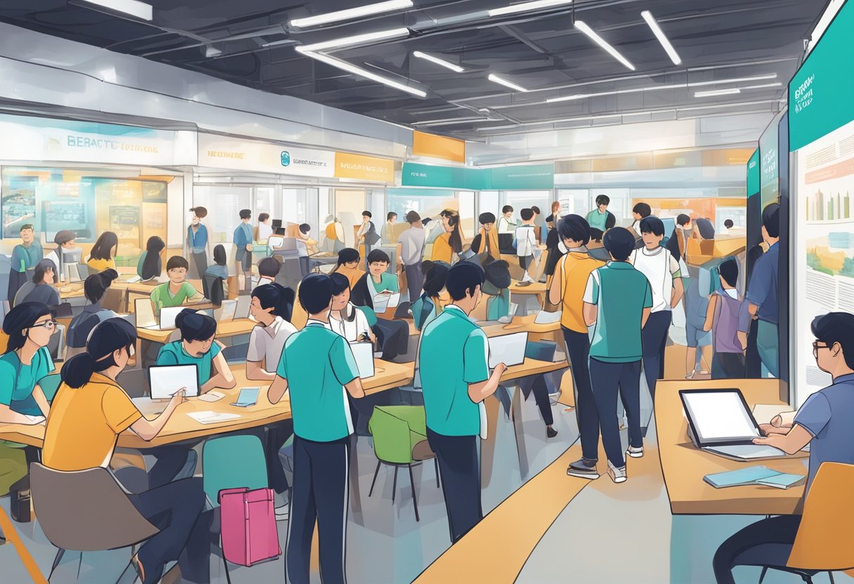 Students eagerly gather around booths, discussing academic programmes and admissions at Singapore Polytechnic. Bright banners and enthusiastic staff create a lively atmosphere