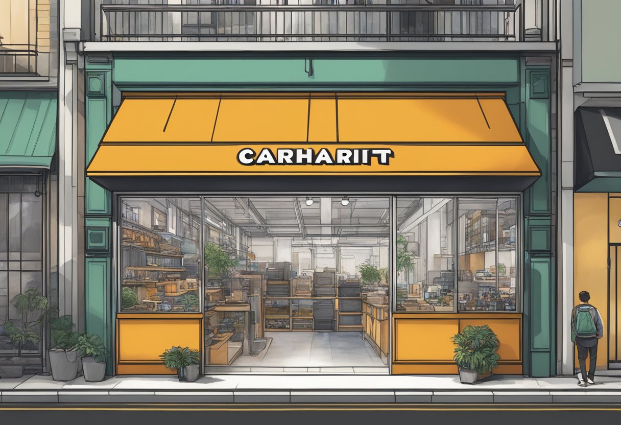 A Carhartt store in Singapore, with the iconic logo displayed prominently on the storefront. The vibrant cityscape provides a backdrop to the rugged and durable workwear brand