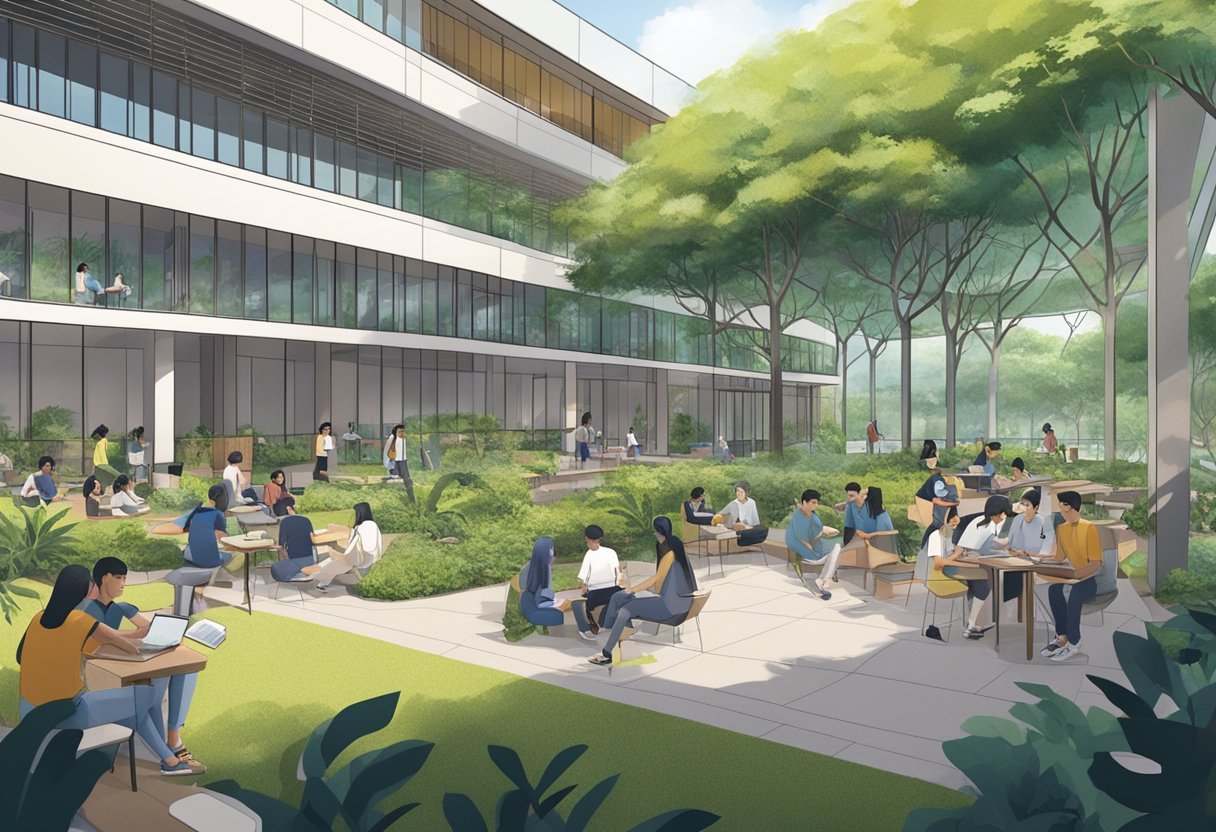 Students studying and socializing in the modern campus courtyard at Singapore Polytechnic, with lush greenery and modern architecture in the background