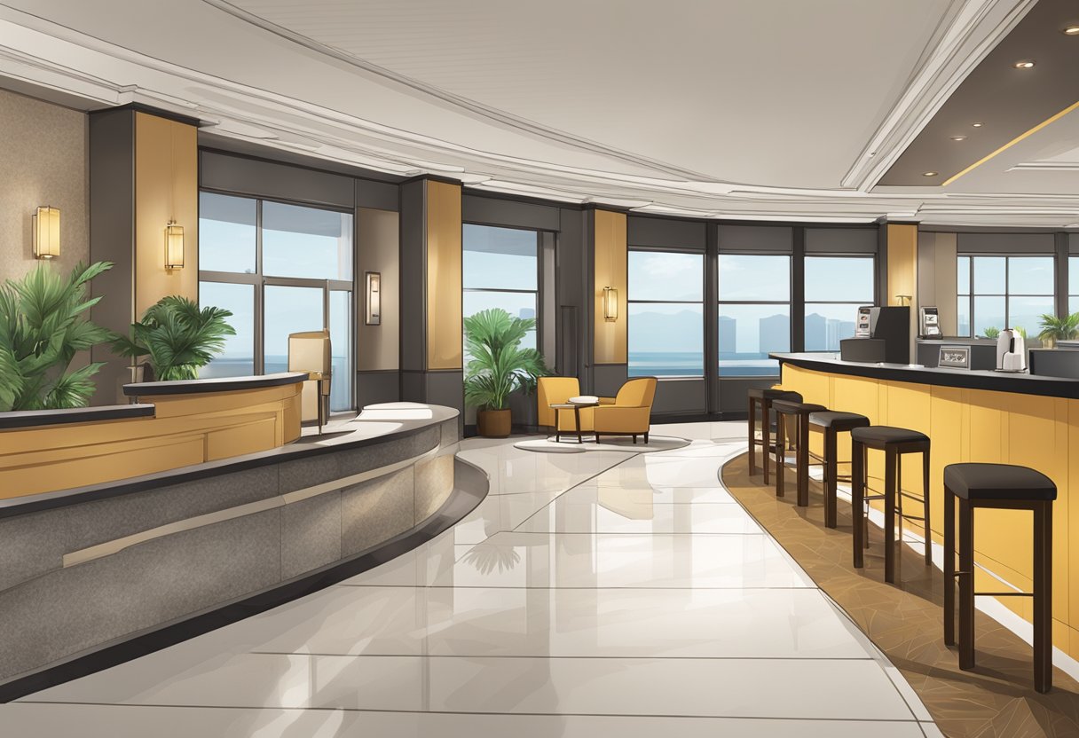 The hotel lobby features a modern reception desk, comfortable seating areas, and a stylish bar. A sign displays the various amenities and services offered, including a fitness center, pool, and dining options