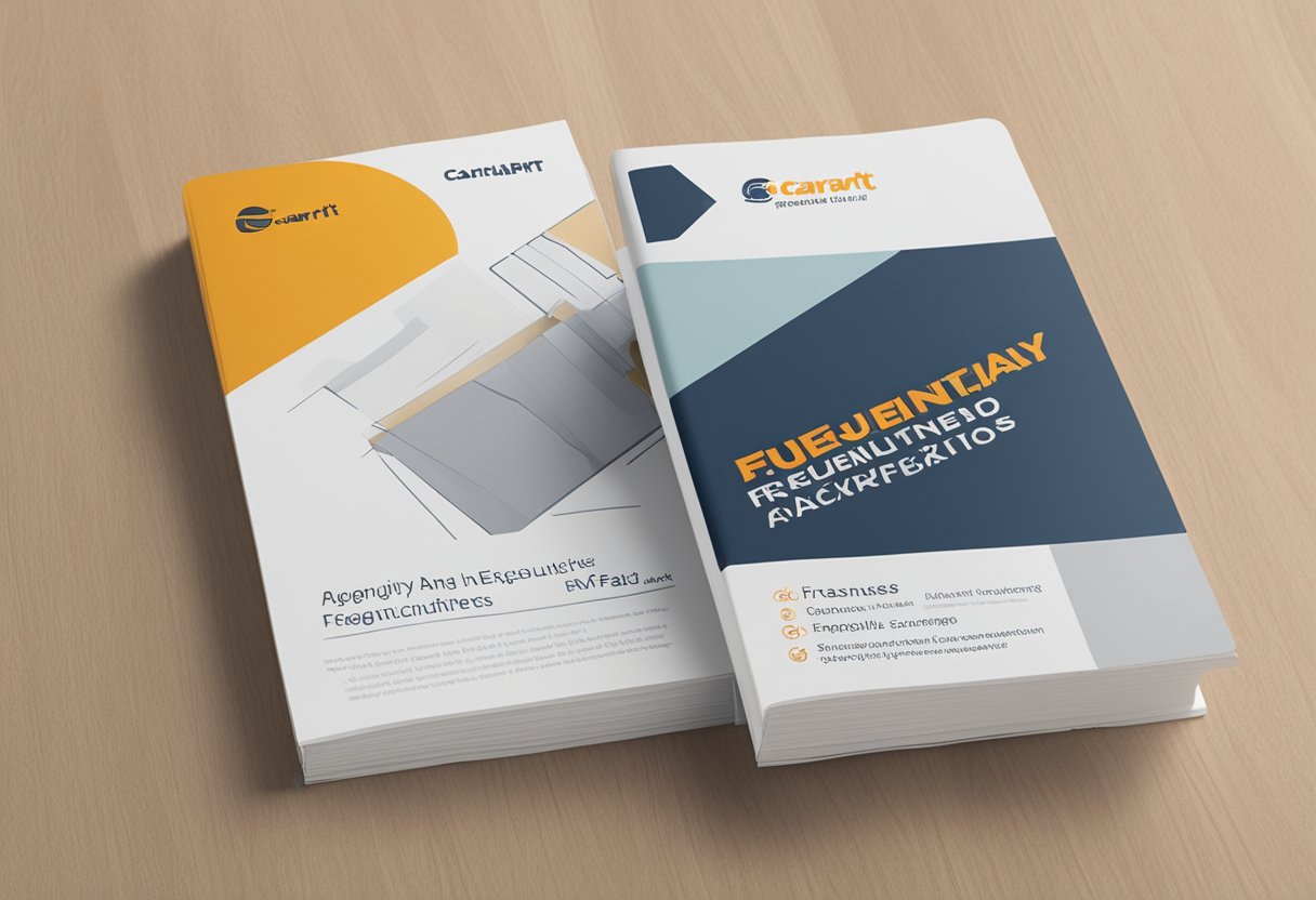 A stack of brochures with "Frequently Asked Questions" on a desk, with a Carhartt logo in the background