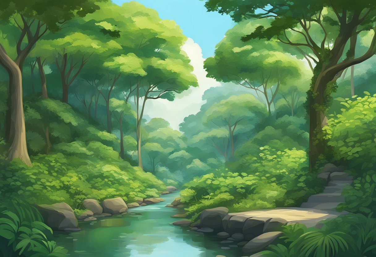 A lush green dell in Singapore, with towering trees and vibrant flora, surrounded by a tranquil stream and distant cityscape