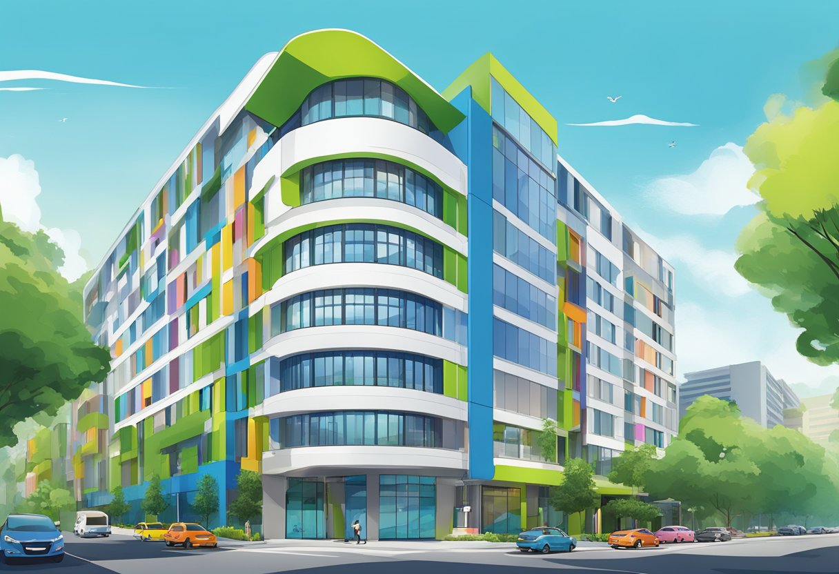 The modern exterior of ibis Styles Singapore on Macpherson, with bold colors and sleek lines, stands against a backdrop of lush greenery and a clear blue sky
