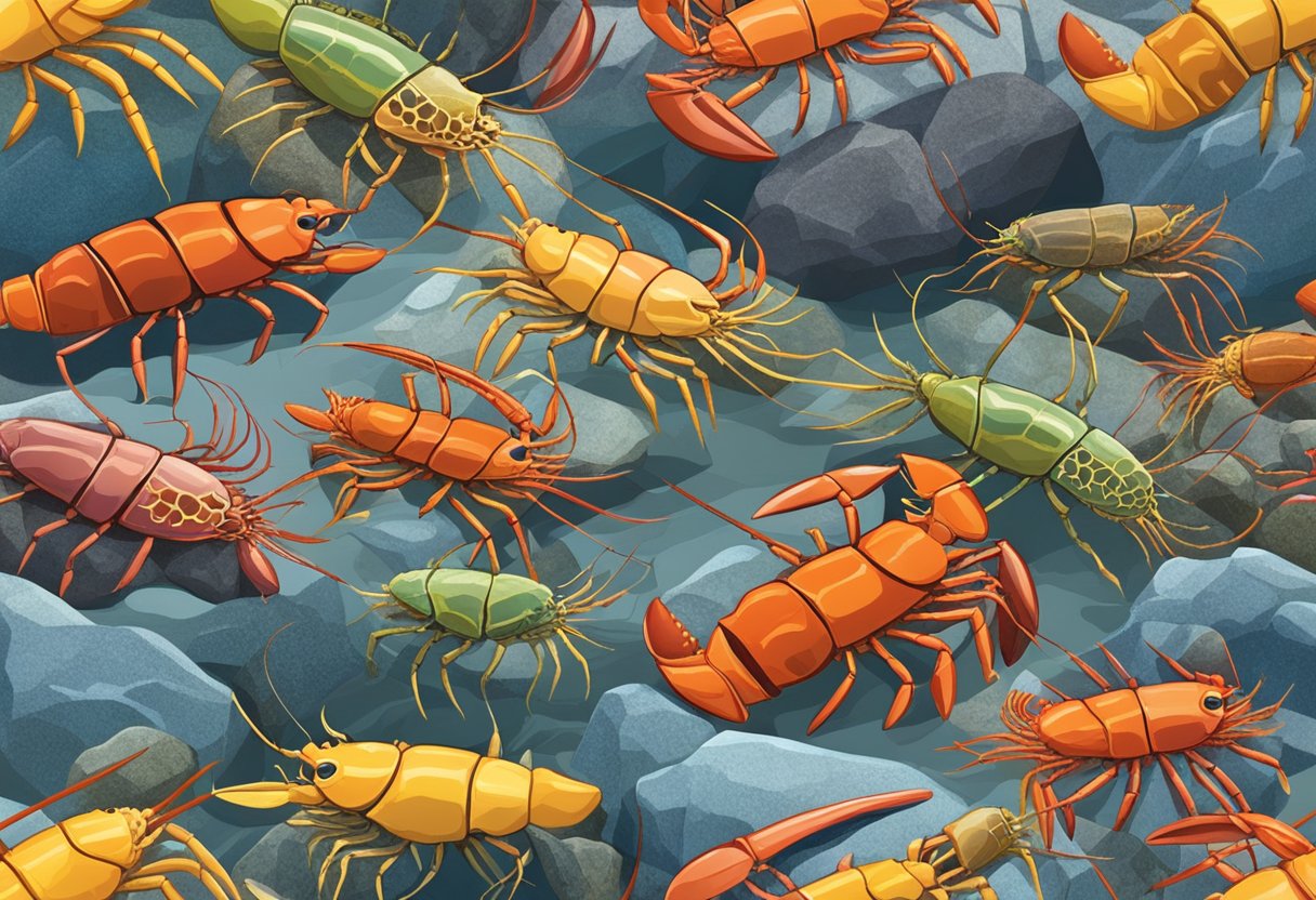 Lobsters of various types and species gathered in a rocky seabed, showcasing their distinct colors and patterns