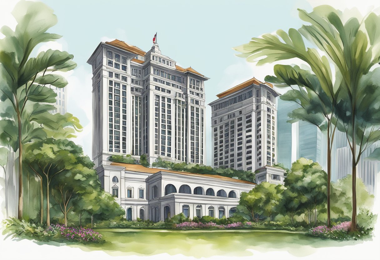 The grand Fairmont Hotel in Singapore stands tall against a backdrop of modern skyscrapers, its elegant architecture and lush greenery creating a stunning visual contrast