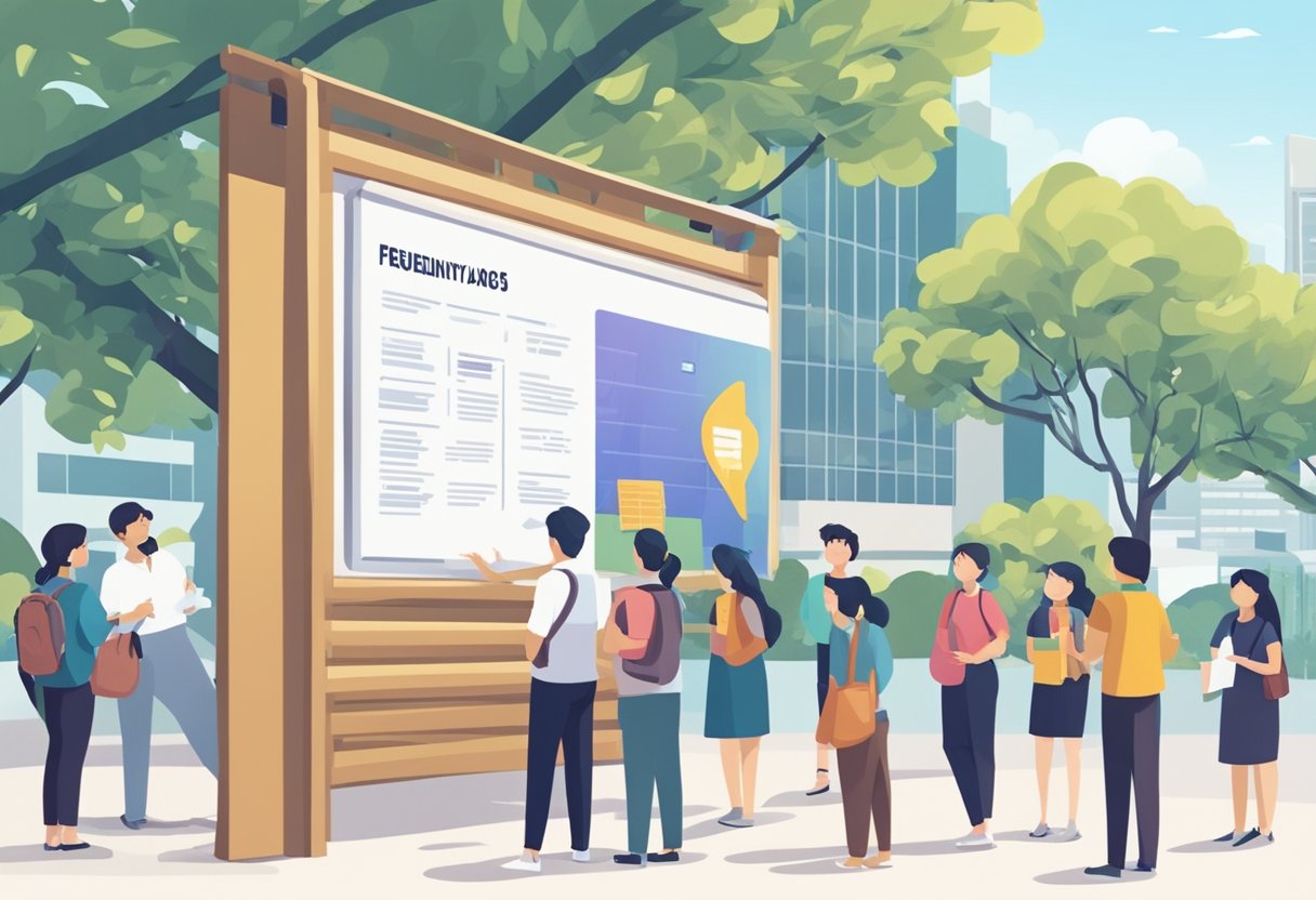 A group of students and faculty gather around a signboard labeled "Frequently Asked Questions" at Singapore Polytechnic. The atmosphere is lively and engaging as people discuss and seek answers to their queries