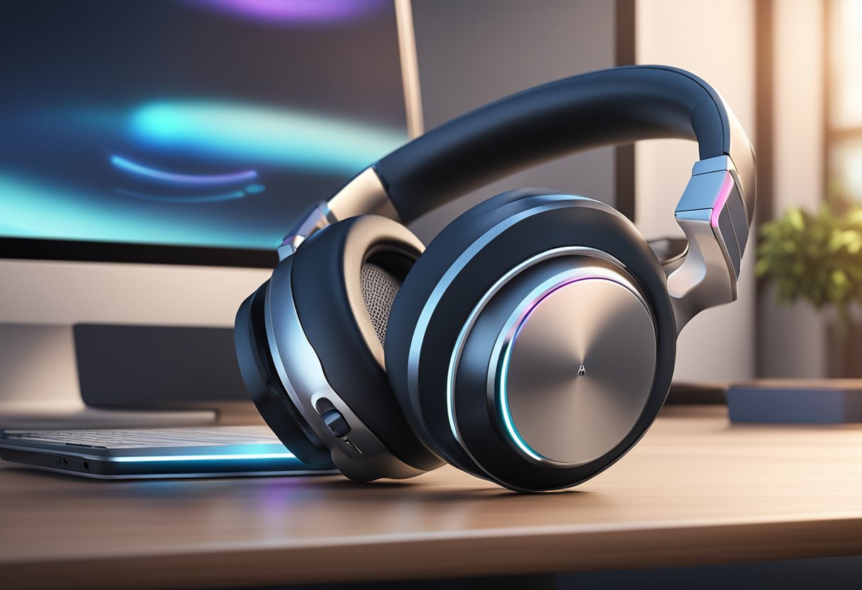 A pair of sleek wireless headphones sits on a modern desk, surrounded by soft ambient lighting. The headphones are positioned to showcase their sleek design and advanced technology, inviting the viewer to imagine the immersive sound experience they offer