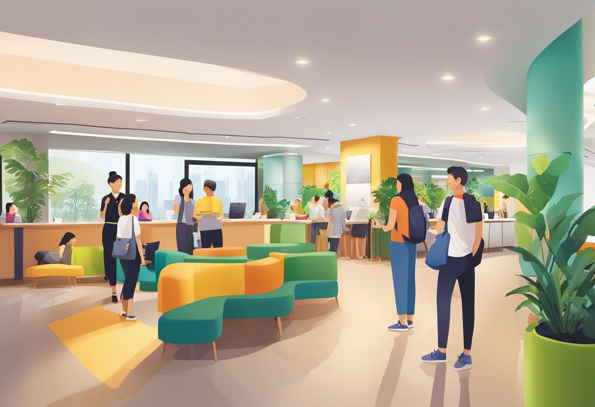 The lobby of ibis Styles Singapore on Macpherson bustling with guests asking questions at the front desk